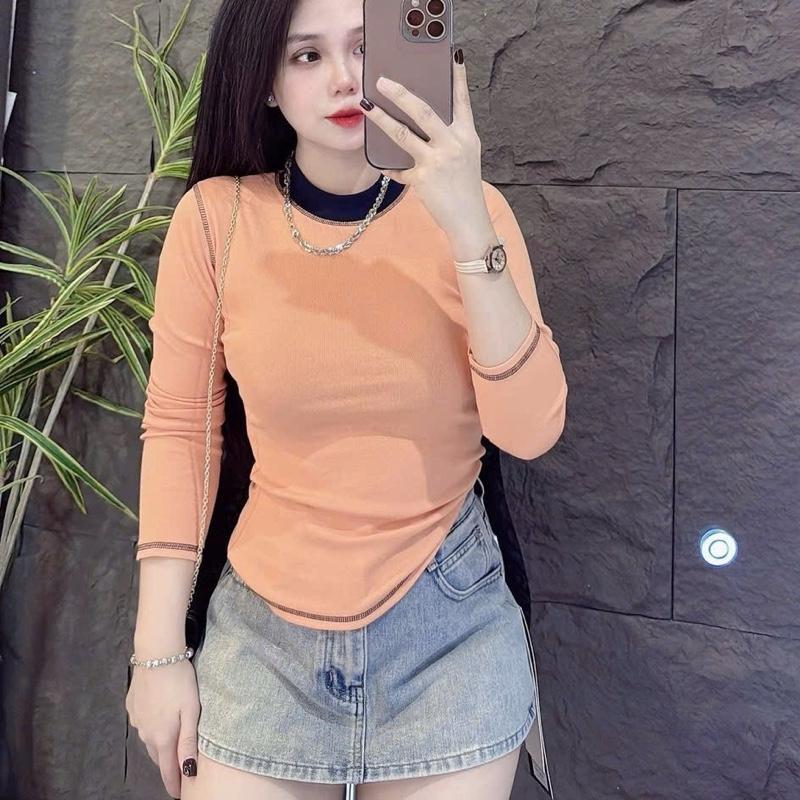 | A379| - áo thun nữ babytee from ôm body [  Áo tay dài phối viển ] dưới 57kg, borrip, co giãn,  Cổ Tròn Women Top Nhun