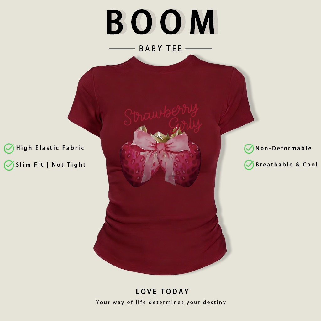 BOOM Áo Baby Tee Nữ Cotton Ôm Body-Áo Thun Ngắn Tay Y2K In Hình PhongCách Mùa Hè, Cổ Tròn Hàng Đầucách hàn quốc phongR02