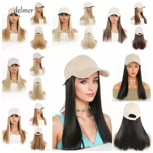 Mũ bóng chày DELMER có tóc giả, Mũ chống nắng màu be Phong cách Hàn Quốc Tóc thẳng dài, Thời trang Tổng hợp Phần mở rộng tóc Mũ có thể điều chỉnh thoáng khí Tóc giả nữ