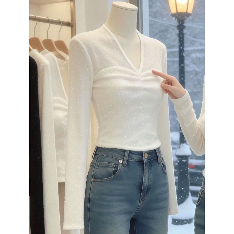 Áo thun dài tay phong cách Pháp, cổ V thanh lịch, form slim fit, phù hợp mùa xuân dành cho nữ.