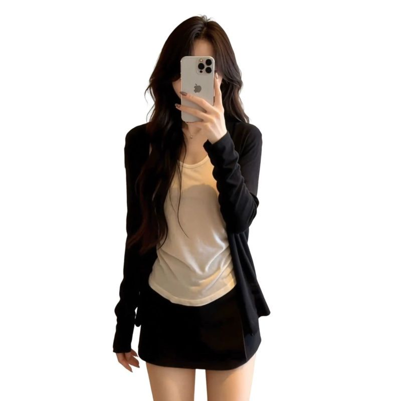 Áo len cardigan kiểu dáng khổng lồ phong cách Hàn Quốc màu đen, phù hợp mùa xuân hè