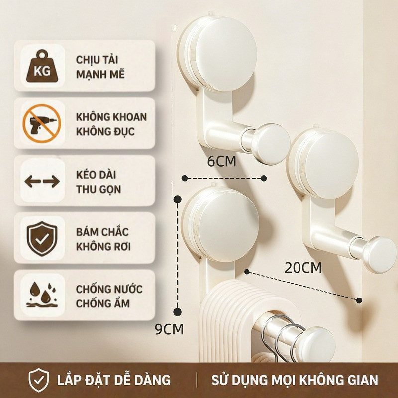 Giá Treo Hút Chân Không Gắn Tường Kéo Dài Thu Gọn, Chịu Tải Trọng Cao, Không Khoan Đục Tường, Treo đồ Tiện Dụng