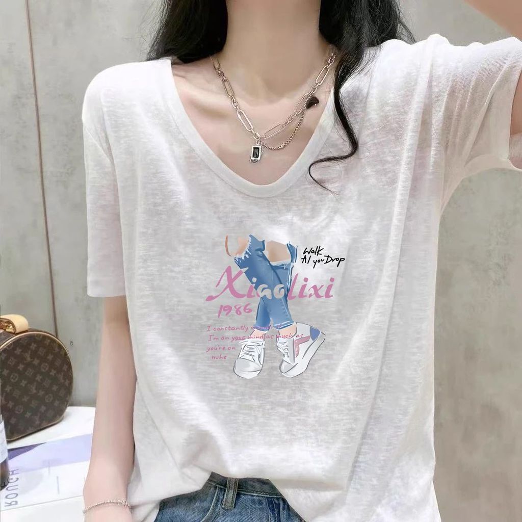 Áo Thun Nữ Mới Rời Trắng Tay Ngắn Size Lớn Cổ Chữ V Mỏng Nửa Tay