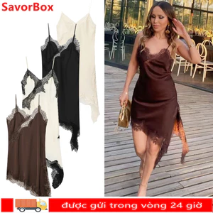 Đầm ren nữ SAVORBOX, Đầm nữ ren Satin gợi cảm, Đầm đeo chéo bất đối xứng thanh lịch không tay Váy dạ hội