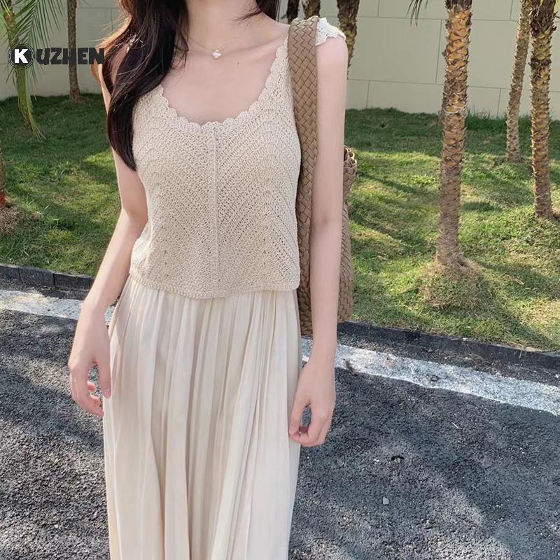 KUZHEN Mùa Hè Vintage Rỗng Ra Dệt Kim Tank Top Nữ Màu Trơn Không Tay Crop Top HOT