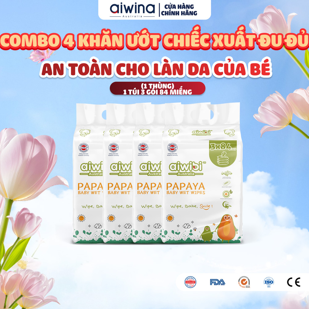 [Thùng 4 Lốc] Khăn Giấy Ướt Aiwibi Chiết Xuất Đu Đủ Hữu Cơ Không Mùi và Không Cồn Cho Bé 4 lốc x 3 gói x 84 miếng