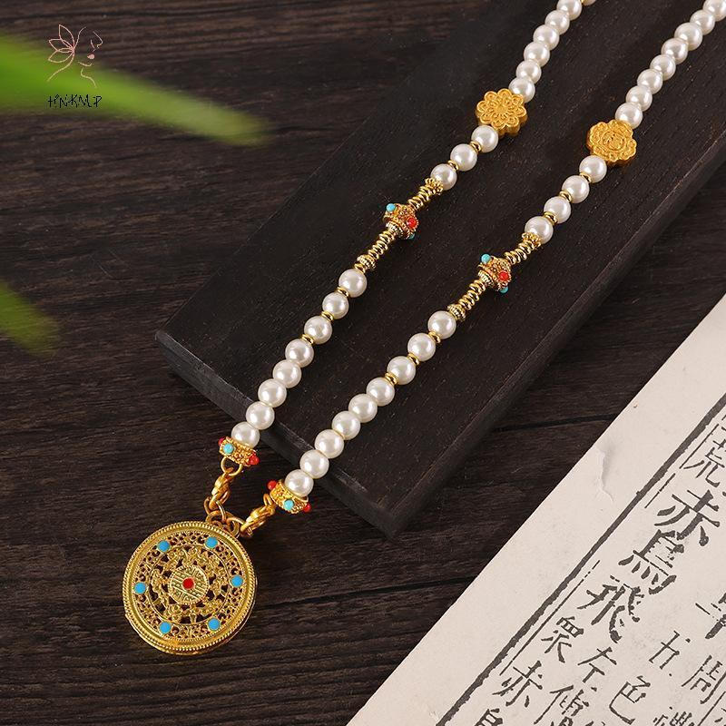 HNKMP Ngọc Trai Phong Cách Trung Quốc Nelace Hanfu Phụ Kiện Hợp Kim Kẽm Rỗng Khắc Mặt Dây Chuyền Dây Xích Dài Nelace.