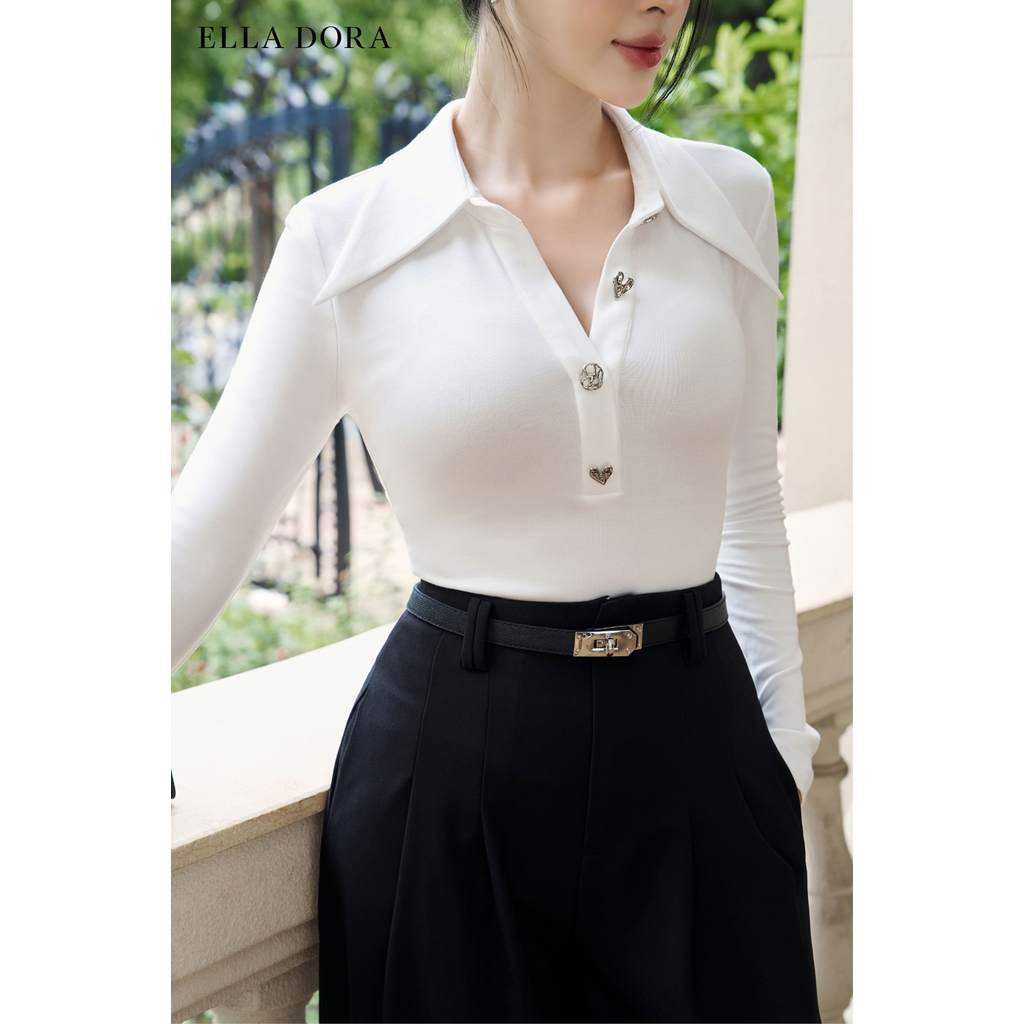 Áo thun polo ELLA DORA  thiết kế tay dài 4 cúc kim loại form gọn thanh lịch 3 màu ĐEN/ĐỎ/TRẮNG[AT47]