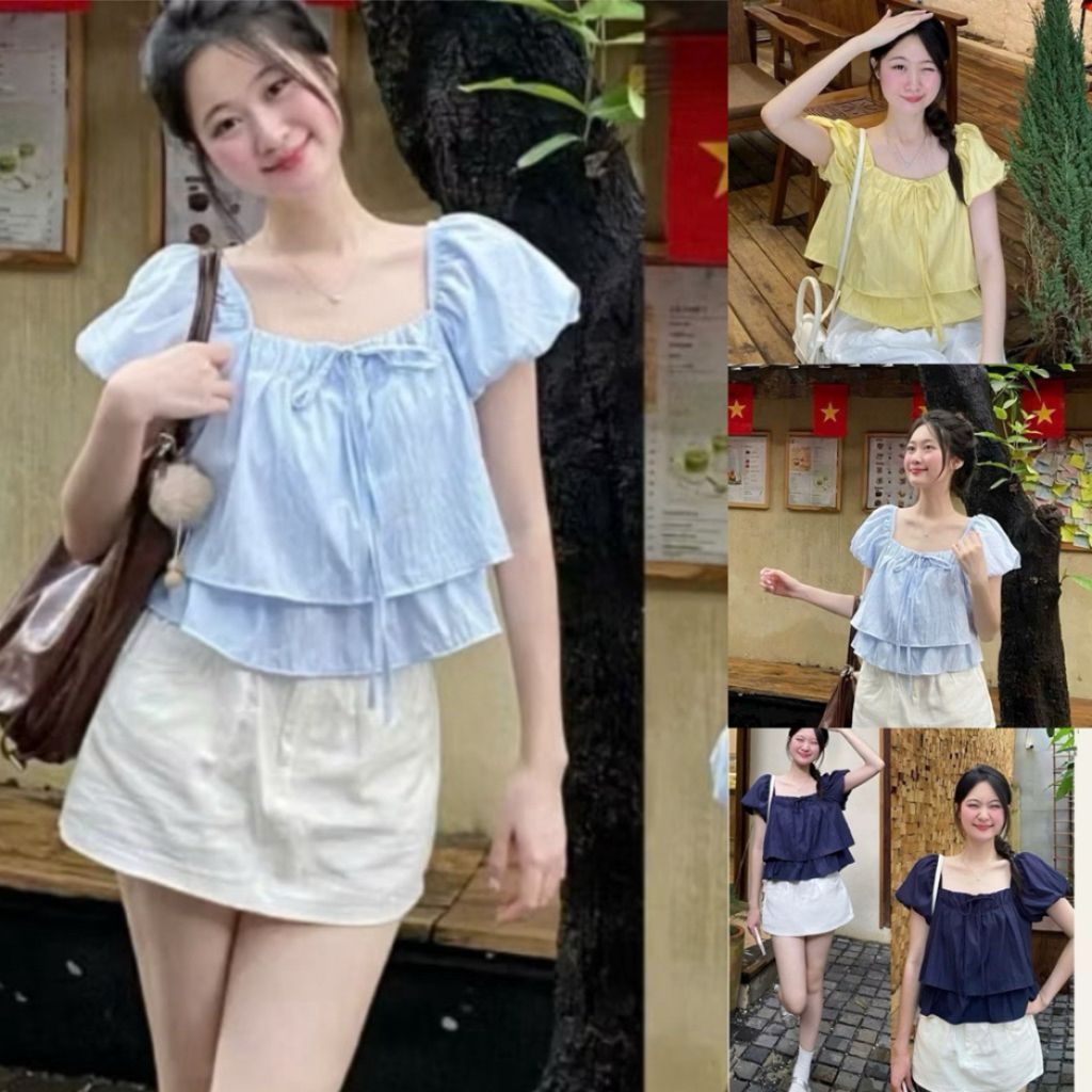 Áo babydoll dáng nữ tay phồng bí bèo hai lớp vổ v sang trọng BD63 - SamHi Closet