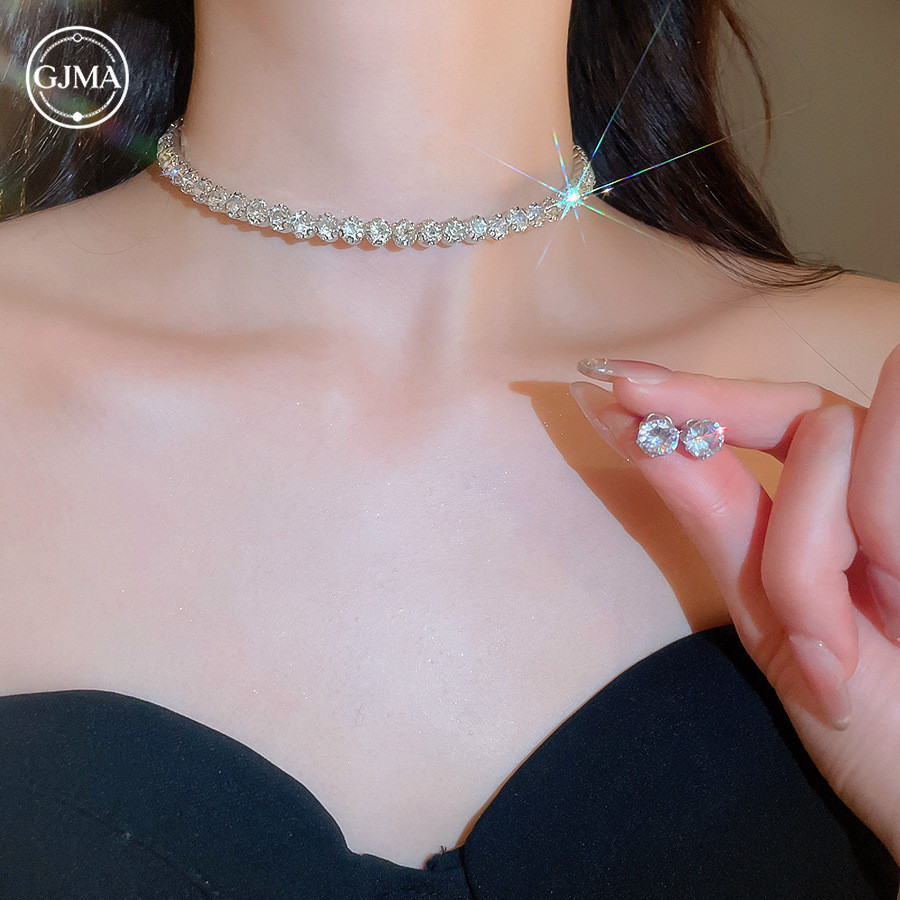 Vòng Cổ Bông Tai Đính Kim Cương Tròn Vòng Cổ Bộ Phụ Kiện Thời Trang Tinh Tế Thích Hợp Cho Đầm Dạ Hội