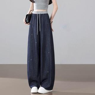Quần jean nữ dáng rộng xuân hè, sequin cạp cao, ôm body