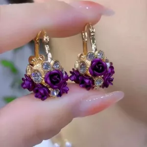 Bông Tai Pha Lê Kim Cương Giọt Nước Hình Hoa Hồng - Phong Cách Thời Trang Nữ Tính