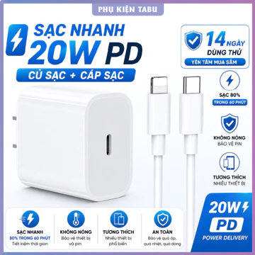 Bộ sạc nhanh 20W PD (củ sạc và cáp sạc nhanh) cho 5 - 14PRM. Sạc 60p lên 80% Pin. Củ sạc và dây sạc nhanh gấp 3 lần