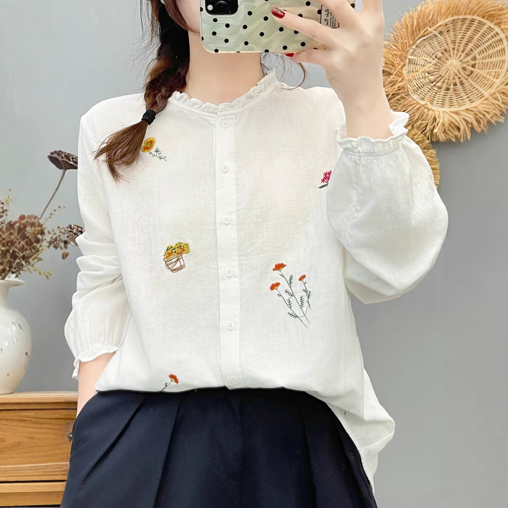 [Hàng có sẵn] Áo sơ mi Mori Art 100% Cotton, cổ thêu dài tay mềm mại, thoải mái