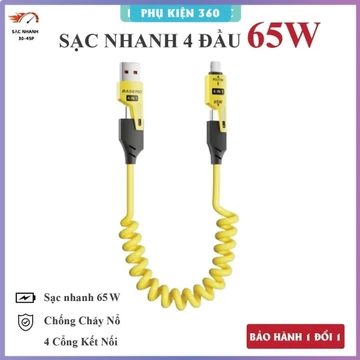 Dây sạc nhanh 4 đầu - 65W. Cáp sạc 4in1, Cáp sạc lò xo đầu cáp kim loại. Cáp sạc điện thoại, Dây sạc 4in1 ,!