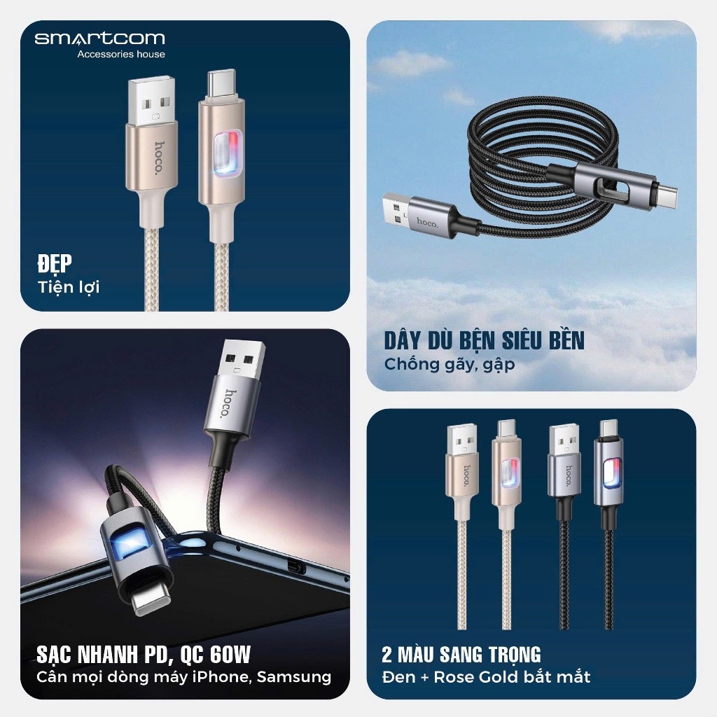 Dây cáp sạc nhanh ip cao cấp U144 Hoco chính hãng - có hệ thống đèn led báo sạc an toàn BH 6 tháng