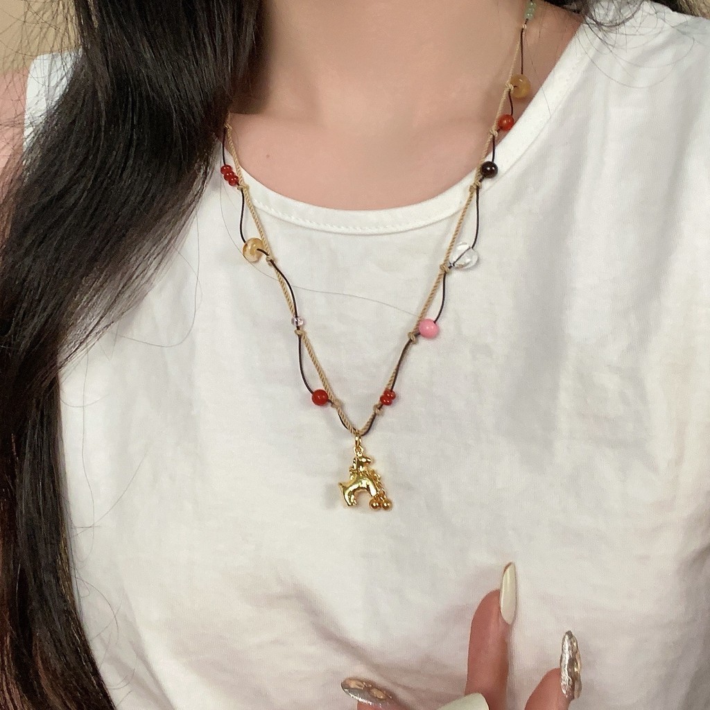 Mới Phong Cách Trung Quốc Hai Lớp Bện Đính Hạt Vòng Cổ Nữ Retro Pony Mặt Dây Chuyền Xương Đòn Dây Chuyền Benming Năm Phù Hợp Với Phụ Kiện Phong Cách Trung Hoa