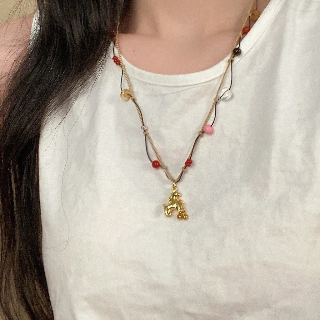 Mới Phong Cách Trung Quốc Hai Lớp Bện Đính Hạt Vòng Cổ Nữ Retro Pony Mặt Dây Chuyền Xương Đòn Dây Chuyền Benming Năm Phù Hợp Với Phụ Kiện Phong Cách Trung Hoa