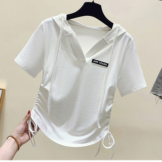 Áo thun ngắn tay có mũ trùm đầu bằng lụa băng mùa hè thời trang phù hợp với dây rút không đều phía dưới ngắn