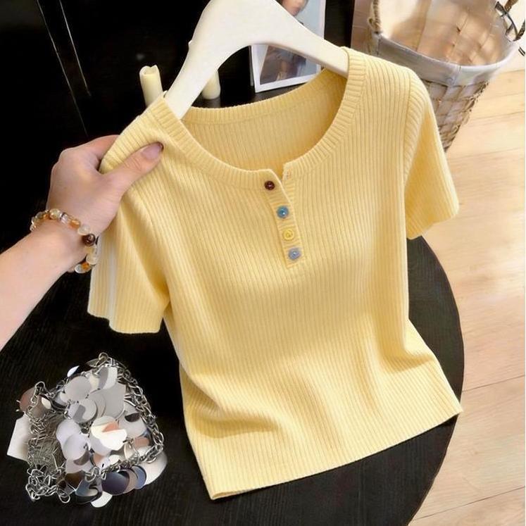 Áo Len Ngắn Tay Có Nút Màu Sắc Đa Dạng, Thiết Kế Slim-Fit, Phong Cách Thanh Lịch Cho Nữ