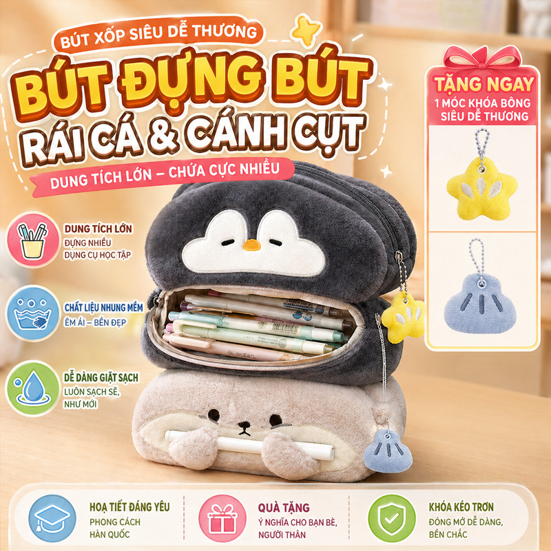 Túi Đựng Bút Hình Otter Penguin Sang Trọng - Hộp Bút Vải Mềm, Dung Tích Lớn, Quà Tặng Trở Lại Trường