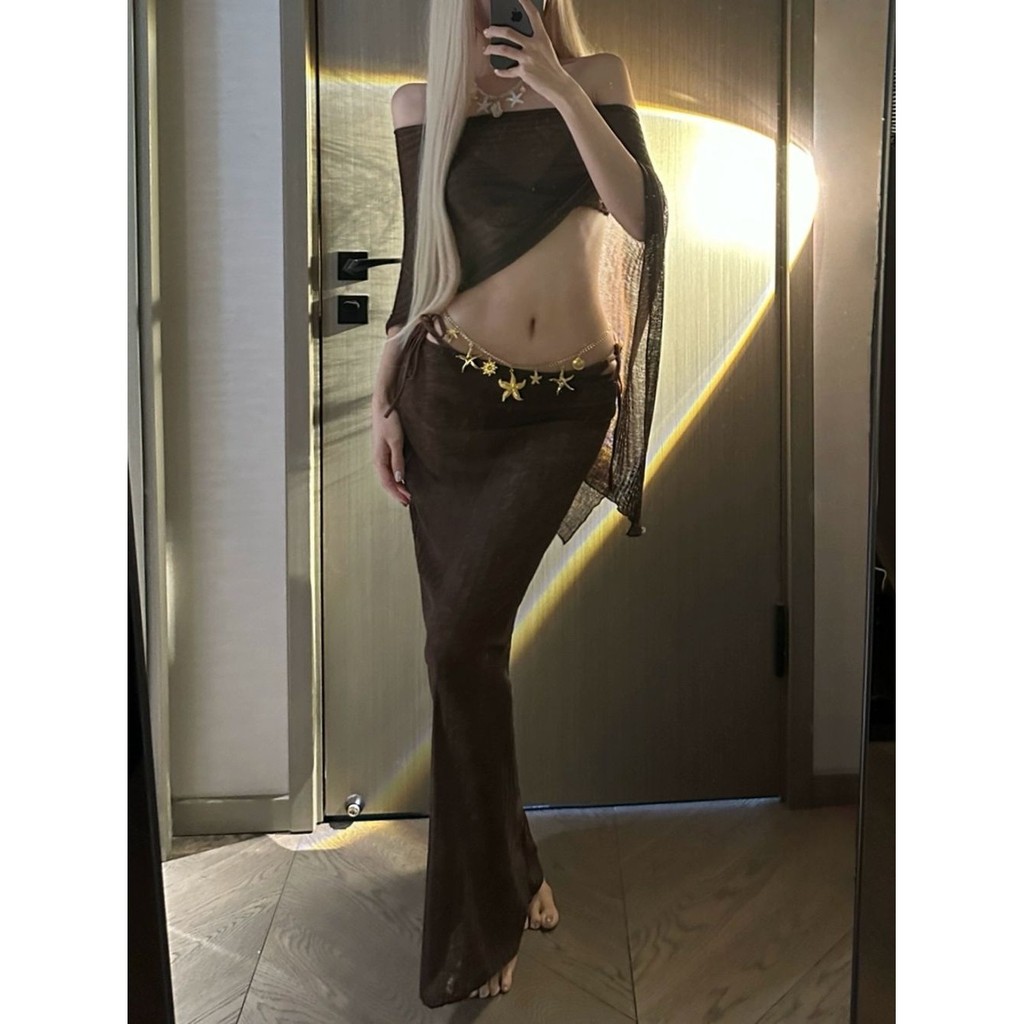 Châu Âu Phong Cách Mỹ Dệt Kim Khăn Choàng Váy Dài Bikini Chia Đồ Bơi Nữ Phong Cách Kỳ Nghỉ