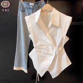 Y.X.I Pháp Tính Khí Ve Áo Áo Sơ Mi Không Tay Sang Trọng Không Đều Eo cinching Top Dành Cho Nữ Mới