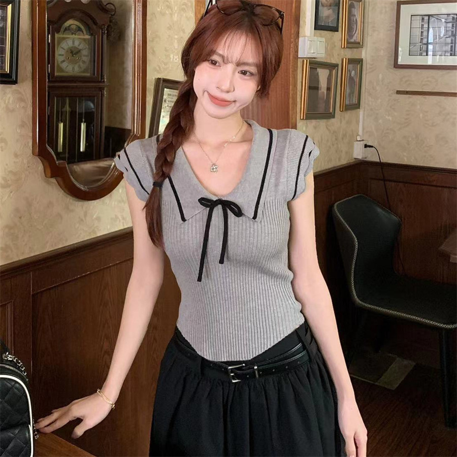 SUXI Áo sơ mi ngắn tay dệt kim dệt kim màu trơn nhẹ nhàng dành cho nữ mùa hè mới 260504