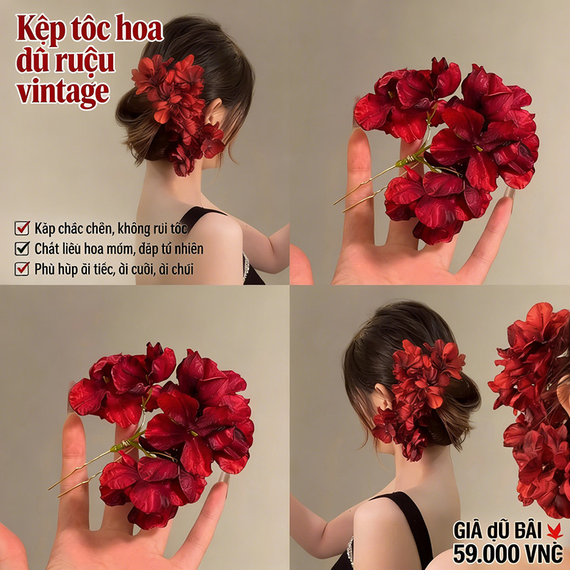 Kẹp Tóc Hoa đỏ Rượu Phong Cách Vintage, Kẹp Tóc Uốn Tóc đẹp Cho Cô Dâu, đi Tiệc đi Chơi