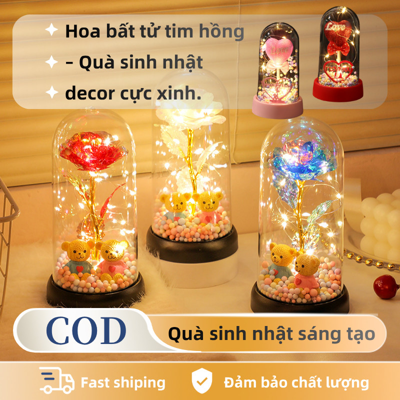 Hoa Hồng Vĩnh Cửu Phát Sáng 3D – Quà Tặng Valentine, Sinh Nhật, 8/3, Mạ Vàng 24K, Kèm Hộp Đế LOVE, Trang Trí Phòng