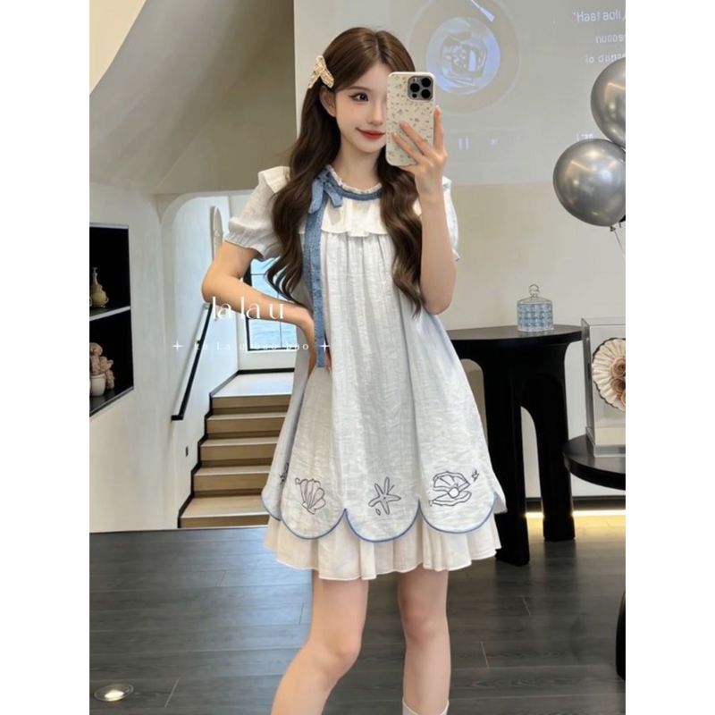 [Khuyến mãi trong thời gian có hạn] Phong cách Hàn Quốc ngọt ngào Preppy Phong cách Bowknot Puff Tay áo thiết kế Váy nữ mùa hè Phong cách mới dáng rộng mỏng hơn Váy ngắn