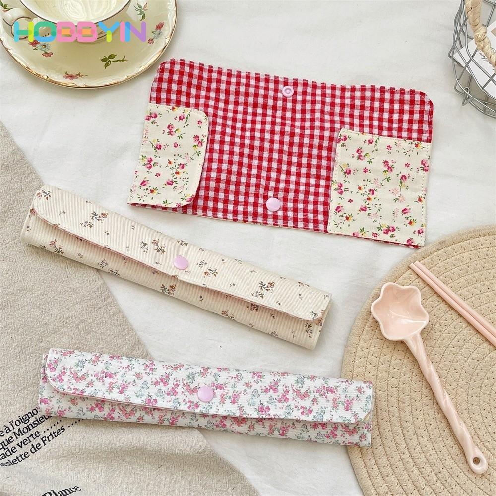 Túi đựng bộ đồ ăn HOBBYIN, Túi đựng dao kéo nối kẻ sọc hoa nhẹ cầm tay, Nút chụp Túi đựng dụng cụ cố định Đũa Lưu trữ thìa