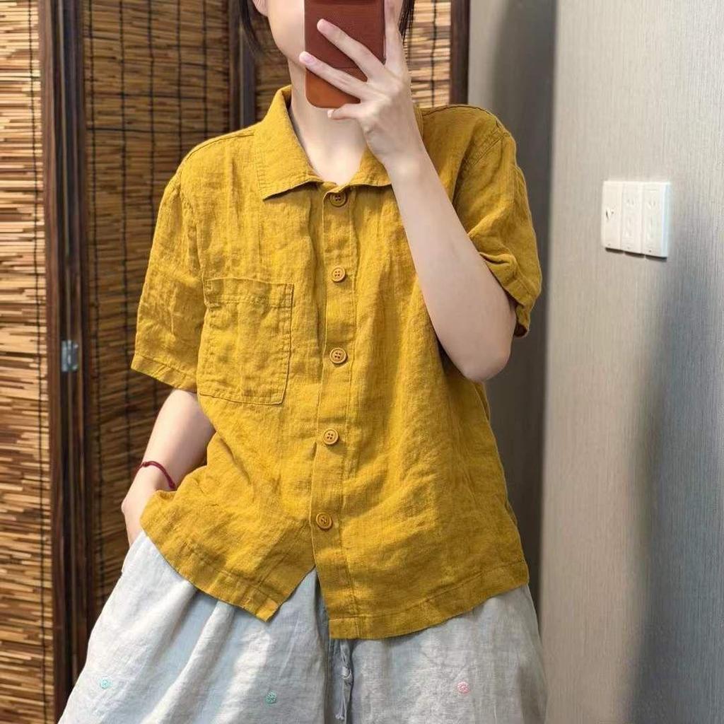 [Thời gian có hạn Seckill] Áo sơ mi cổ điển nữ mùa hè Phong cách mới Màu trơn tay ngắn văn học giản dị dáng rộng phù hợp cho nữ