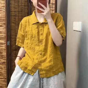 Áo sơ mi cổ điển nữ mùa hè Phong cách mới Màu trơn tay ngắn văn học giản dị dáng rộng phù hợp cho nữ