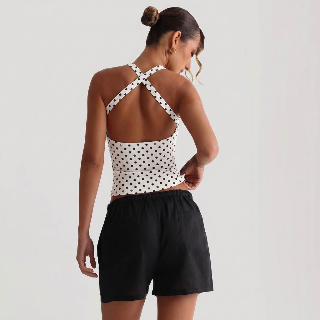 Cutenew Chấm Bi In Hình Xe Tăng Áo Nữ Xu Hướng Mùa Hè Băng Chéo Lưng Skinny Co Giãn Cao Cấp Phong Cách Y2K Áo Vest Thanh Lịch
