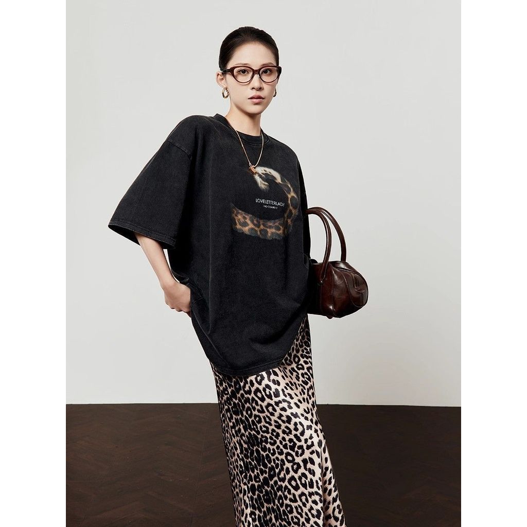Milyfashion Da Báo In Cổ Tròn Thời Trang Mùa Hè Phong Cách Mới Đen Giữa Tay Áo Thun Thể Thao