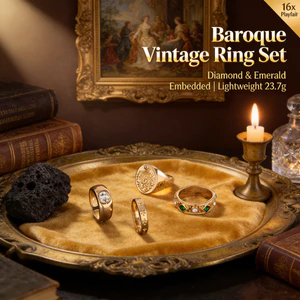 Bộ Nhẫn Nam Baroque Vintage - Đính Kim Cương Mở Có Thể Điều Chỉnh - Hợp Kim Kẽm Mạ Điện 2Tone - Nhẹ 23,7g Khắc Retro