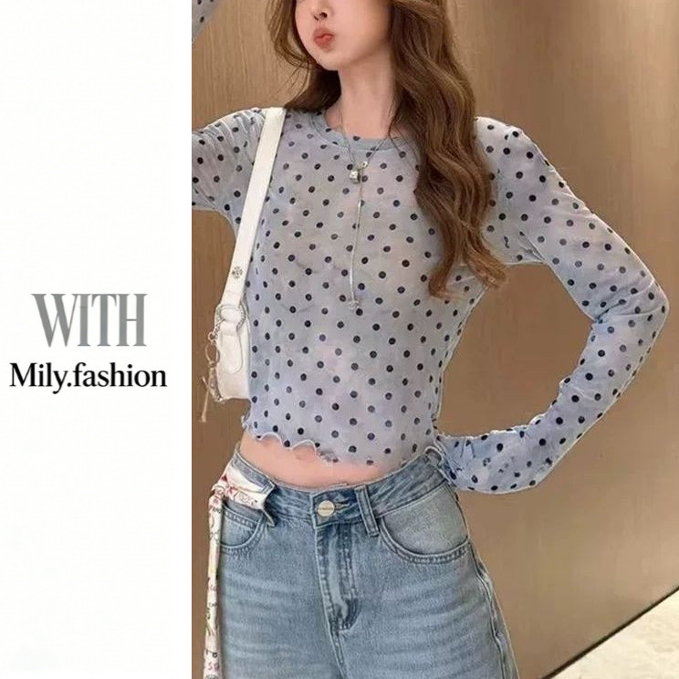 Milyfashion Slim-fit Slimmer Look Polka Dot Tie-Dye Gạc dài tay in hình mùa hè Gra