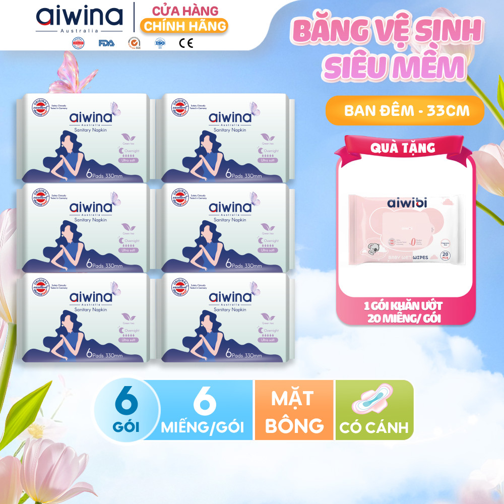 Combo 6 Băng vệ sinh Aiwina siêu mềm ban đêm 33cm gói 6 miếng