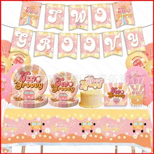 ST2 Hai groovy Đảng Ngày Lễ Trang Trí Khăn Trải Bàn Sinh Nhật Biểu Ngữ Bánh topper Bộ Đồ Ăn TS2
