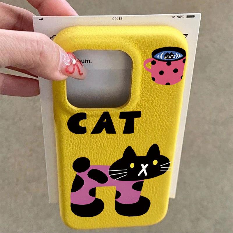 Màu hồng đen đánh vần mèo CATcho iPhone17promax trường hợp iPhone14/13/12giả da kết cấu