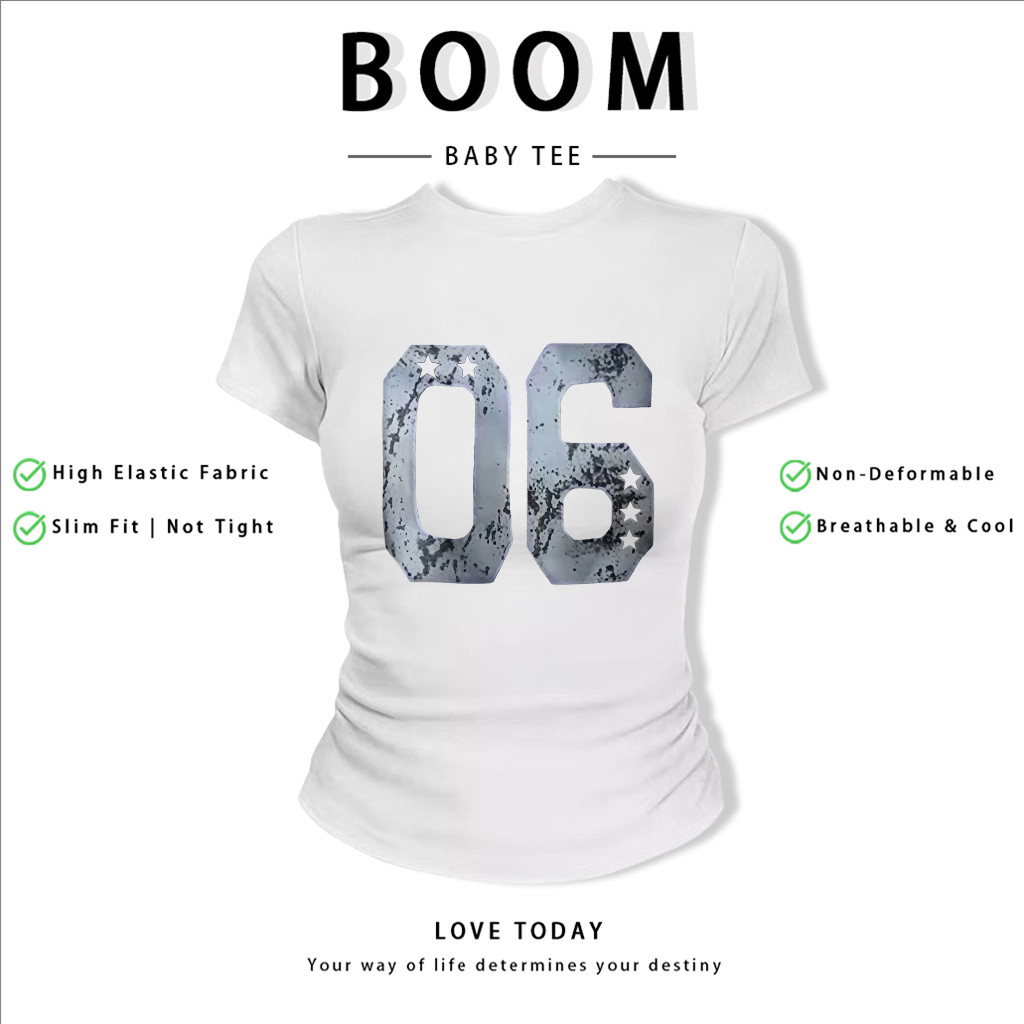 BOOM Áo Baby Tee Nữ Cotton Ôm Body-Áo Thun Ngắn Tay Y2K In Hình PhongCách Mùa Hè, Cổ Tròn Hàng Đầucách hàn quốc phongG19