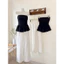 Set áo đen cúp ngang dáng peplum xoè thun sau + quần suông trắng ống rộng MyaHouse
