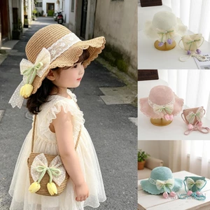 2-5 Tuổi Trẻ Em Bé Gái Rơm Mũ Chống Nắng Có Túi Đeo Ngang Bộ Tulip Nơ Ren Viền Rộng Vành Đi Biển Mũ Thường Ngày Cho Bé Mùa Hè Mũ