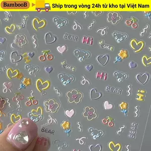 Nhãn dán cốc BAMBOOB, Nhãn dán móng tay hoạt hình dễ thương, Trang trí nghệ thuật móng tay đa chức năng Decal dập nổi mềm Nhãn dán móng tay nghệ thuật