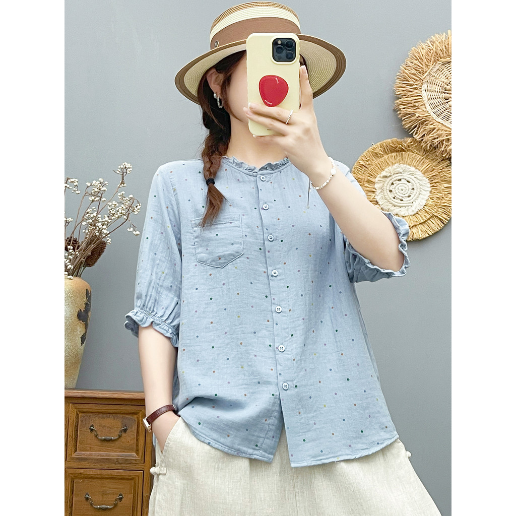 Áo sơ mi nữ cổ chấm bi tay vừa, vải cotton cao cấp, họa tiết chấm bi nhỏ kiểu Pháp