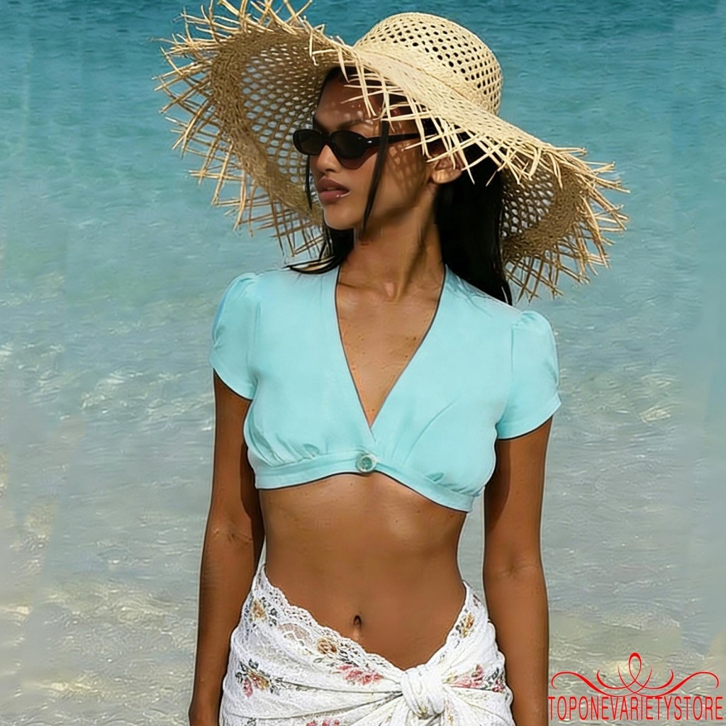 Áo Crop Top Mùa Hè Cho Nữ - Màu Đơn Giản Với Nút Trang Trí Cổ Chữ V Và Tay Ngắn