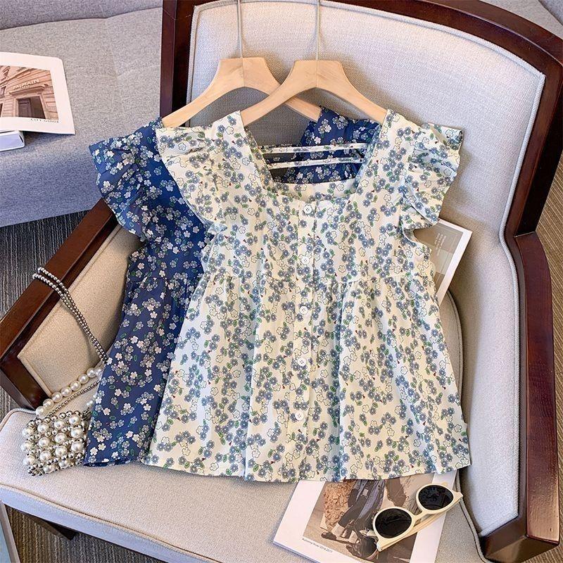 Áo sơ mi tay bay xù kiểu Hàn Quốc, cardigan cổ vuông không tay, hoa ngắn, phù hợp mùa hè