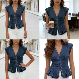 Women V Neck Jeans Pleated Vest Casual Slim Fit Short Sleeveless Blue Black