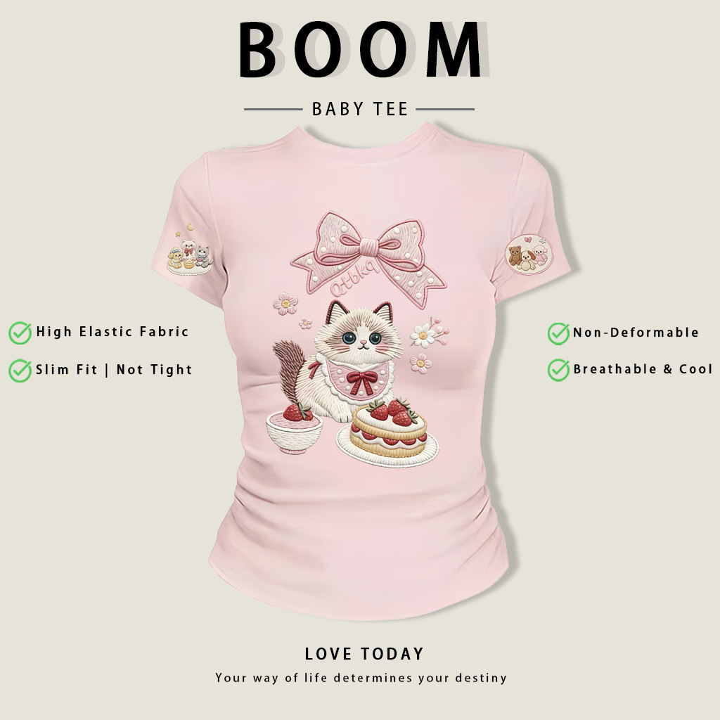 BOOM Áo thêu Baby Tee Nữ Cotton Ôm Body-Áo Thun Ngắn Tay Y2K In Hình PhongCách Mùa Hè, Cổ Tròn Hàng Đầucách hàn phong#02